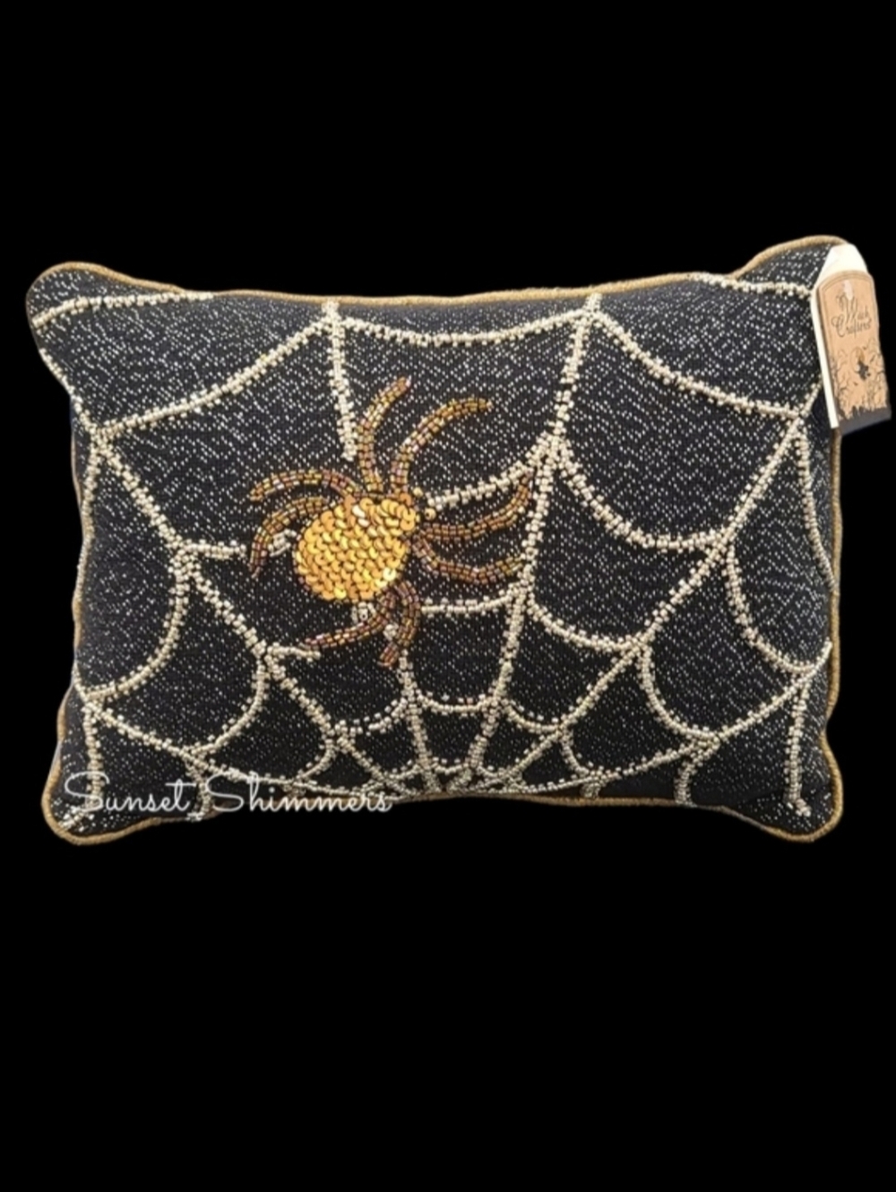 Witch Crafters Halloween Seguin Spider Beaded Spiderweb Pillow Spooky Decor 14"